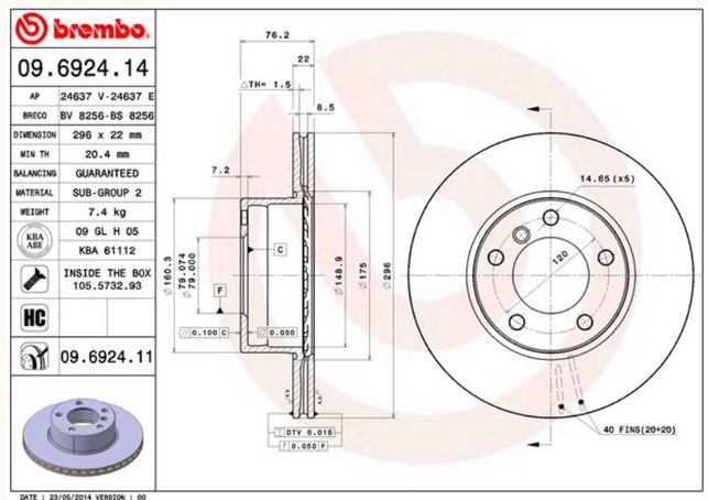 Диск тормозной вентилируемый перед (E39) Brembo 09692414 аналог 34116767061  09692414