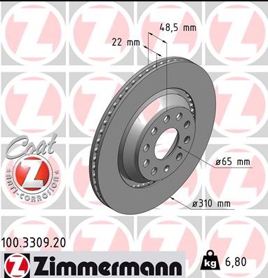 Диск тормозной задний (Audi) Otto Zimmermann 100330920 аналог 5QM615601A  100330920