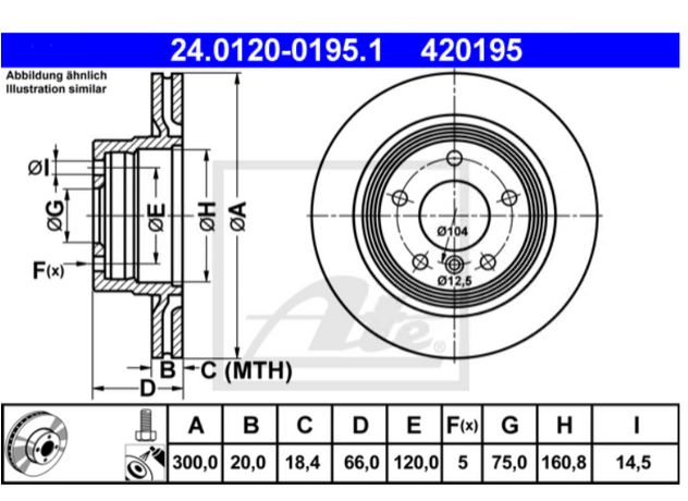 Диск тормозной задний (E90) ATE 24012001951 аналог 34216764651/34216855007  24012001951