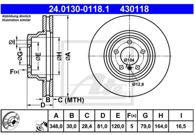 Диск тормозной передний (E65) ATE 24013001181 аналог 34116864057/34116750267  24013001181