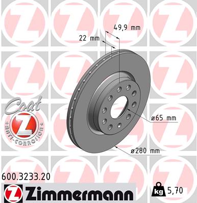 Диск тормозной вентилируемый перед(280 мм VW,Audi,Skoda) Otto Zimmermann 600323320 ан JZW615301A/1K0615301AK  600323320