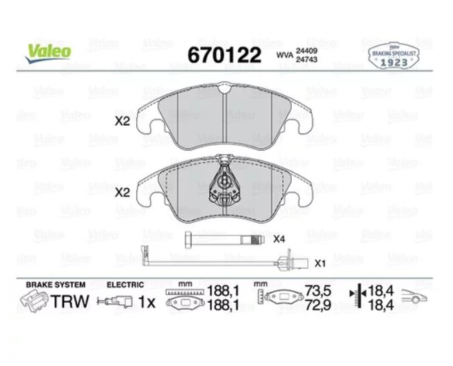 Колодки тормозные перед с датч.(Q5,A4,A5) Valeo 670122 аналог 8K0698151H(L,C,E)/4G0698151D  670122