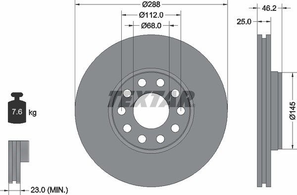 Диск тормозной перед(288 мм VW,Audi,Skoda) Textar 92121005 аналог 4B0615301B/4A0615301D/8E0615301Q  92121005