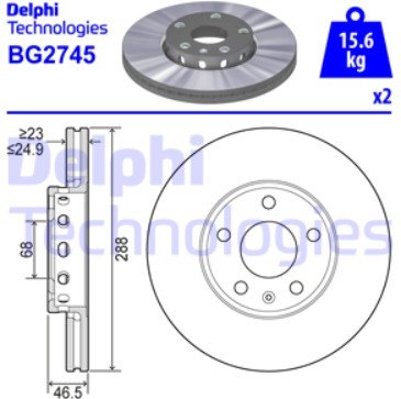 Диск тормозной перед(288 мм VW,Audi,Skoda) Delphi BG2745 аналог 4B0615301B/4A0615301D/8E0615301Q